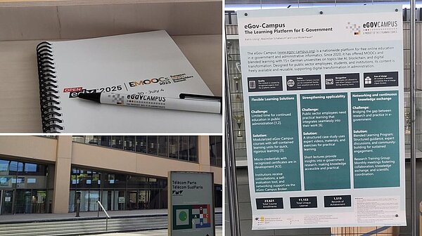 Collage von Eindrücken der EMOOCs 2025 in Paris: Bühne mit Ankündigung des Panels „Pathways to Inclusive AI in Education“, Spiralblock und Kugelschreiber mit EMOOCs- und eGov-Campus-Logo, Poster des eGov-Campus zum Weiterbildungsangebot im Bereich E-Government, Außenansicht der Konferenzlocation Télécom Paris sowie der Eiffelturm.